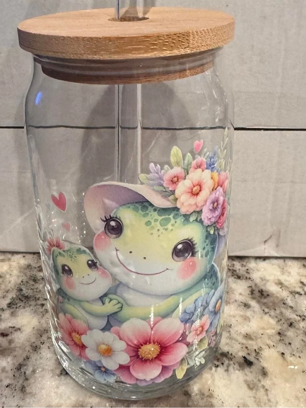 Cute glass  Frog Floral Glass Tumbler with Bamboo Lid & straw